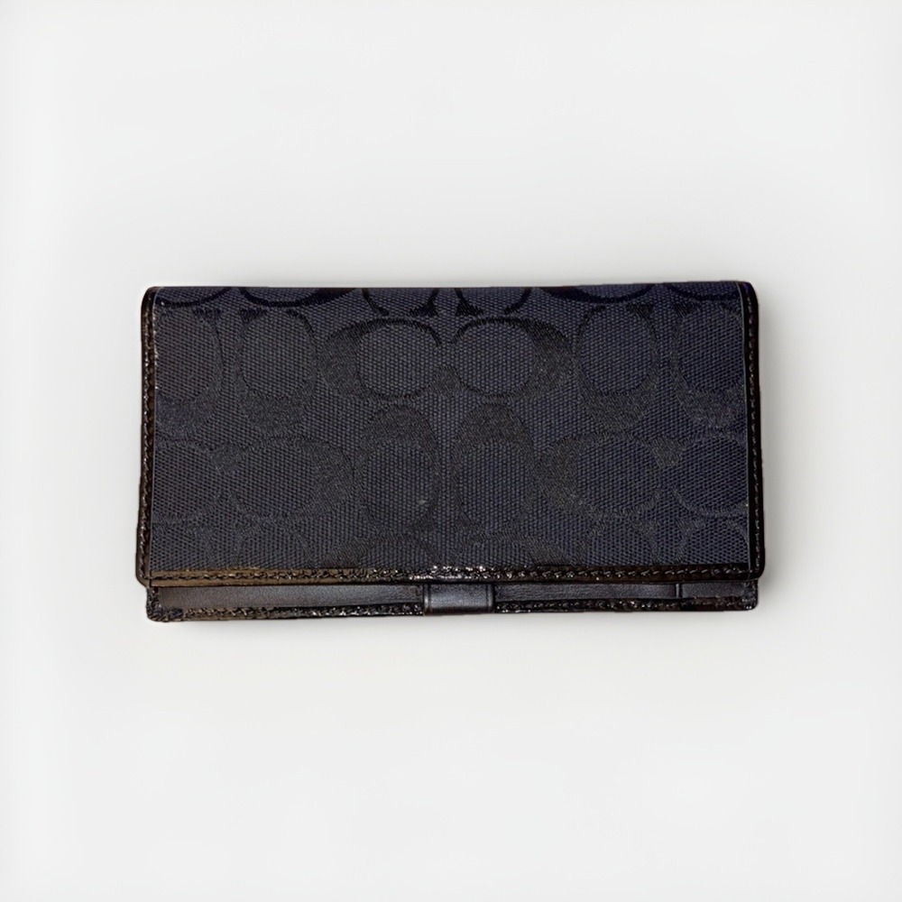 Coach Checkbook Cover Black‎ Signature Jacquard Patent Leather Trim Wallet